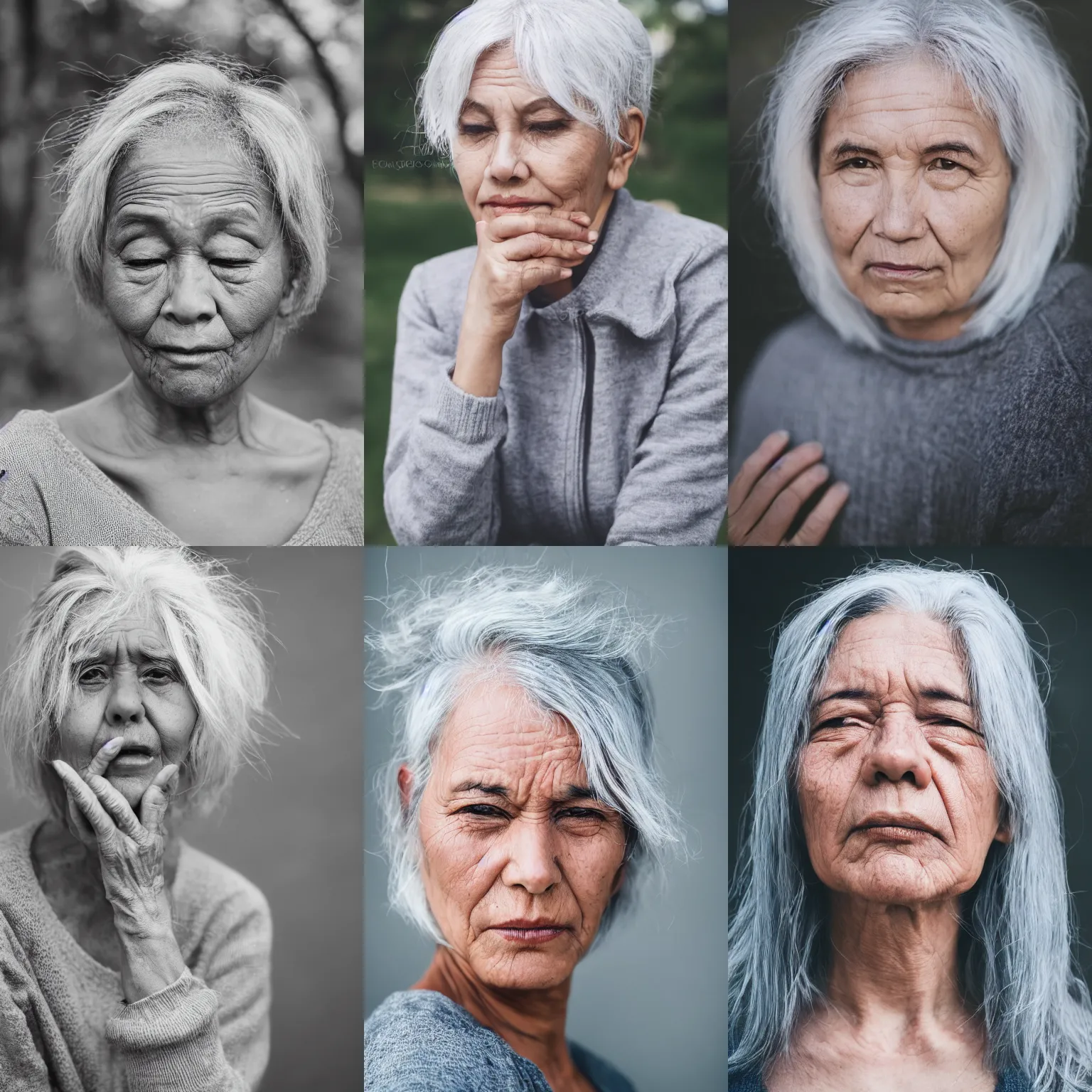 Prompt: woman with grey hair, peaceful expression, medium shot, canon eos r 3, f / 1. 4, iso 2 0 0, 1 / 1 6 0 s, 8 k, raw, unedited, symmetrical balance, in - frame