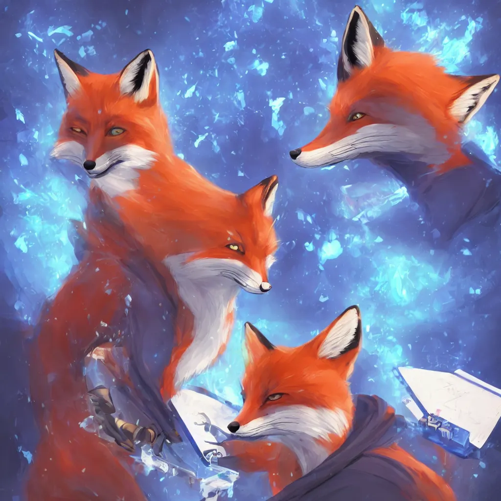 Image similar to a fox in a blue hoodie on the white background hacking a notebook, concept art, anime style, digital art picture, highly detailed, artstation, detailed, award winning, colorful