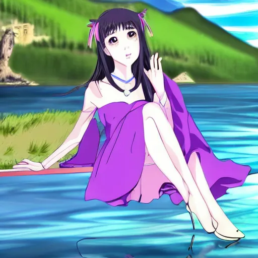 Prompt: elegant chinese princess with purple eyes, sitting by a lake, mountains in background, anime style, award winning art