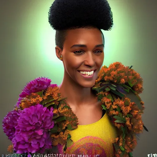 Image similar to portrait of a smiling beautiful black woman who looks like janelle monae and erika alexander with big fluffy afro surrounded by flower petals by argerm and by alphonse mucha, face by wlop, trending on artstation, octane render