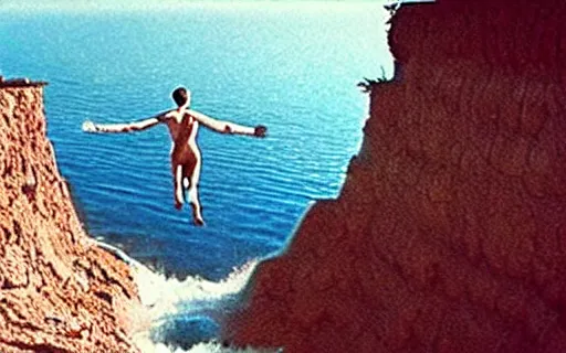 Image similar to a cliff jumping into waters that are a portal to a different dimension, film still by Wes Anderson