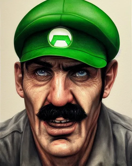 Image similar to portrait of real life super luigi, green cap, gritty, dark, beautiful, very detailed, hyperrealistic, medium shot, very detailed painting by Glenn Fabry, by Joao Ruas