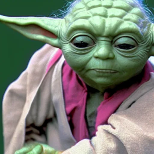 Prompt: yoda with pink eyes