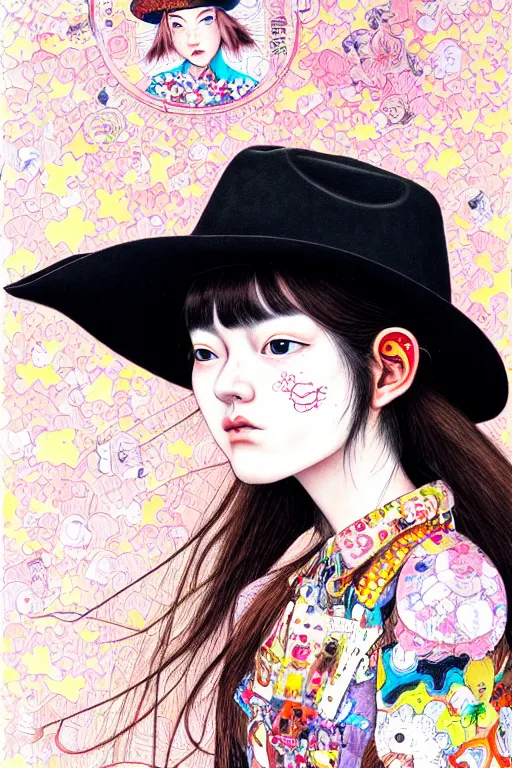 Image similar to girl wearing cowboy hat, style of yoshii chie and hikari shimoda and martine johanna, highly detailed