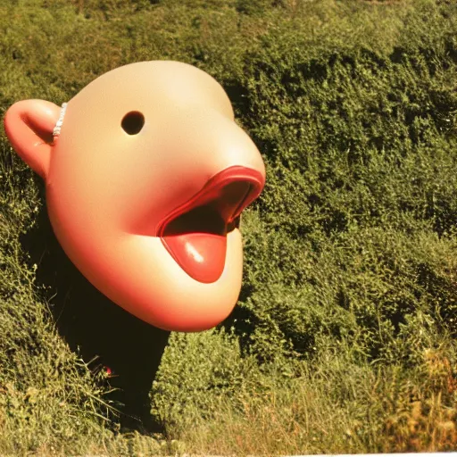 Image similar to glamorous woman with an inflatable nose, long snout, in the hillside, 1974 arthouse film, archival footage, technicolor film