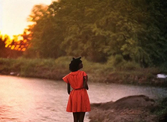 Prompt: a 35mm photograph from the back of a woman standing at the edge of a river in Harlem, New York City in the 1960's at sunset, bokeh, Canon 50mm, cinematic lighting, photography, retro, film, Kodachrome, award-winning, rule of thirds, golden hour