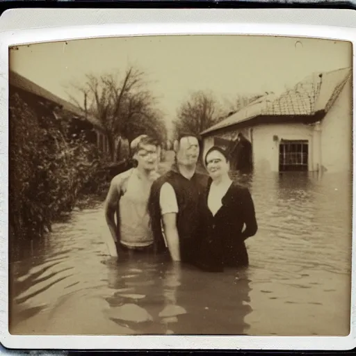 Prompt: an old polaroid of three friends standing in front of a flooded german town