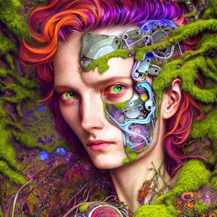 Image similar to bright psychedelic portrait of organic cyborg covered in moss in an ancient forest, diffuse lighting, fantasy, intricate, elegant, highly detailed, lifelike, photorealistic, digital painting, artstation, illustration, concept art, smooth, sharp focus, art by John Collier and Albert Aublet and Krenz Cushart and Artem Demura and Alphonse Mucha