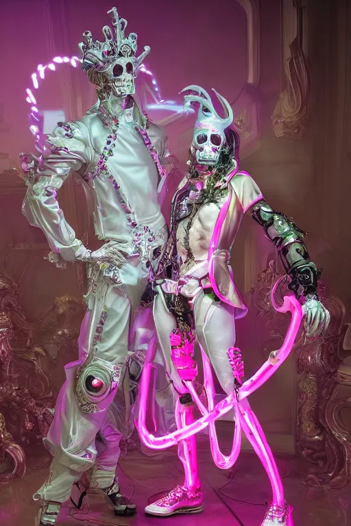 Prompt: full-body rococo and cyberpunk style neon statue of a young attractive guido macho dotado e rico android sim roupa reclining con las piernas abertas e la piroca dura, glowing white laser eyes, prince crown of pink gears, diamonds, swirling silver-colored silk fabric. futuristic elements. full-length view. space robots. human skulls. intricate artwork by caravaggio. Trending on artstation, octane render, cinematic lighting from the right, hyper realism, octane render, 8k, depth of field, 3D