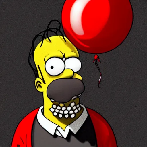 Image similar to surrealism grunge cartoon portrait sketch of homer simpson with a wide smile and a red balloon by - michael karcz, loony toons style, freddy krueger style, horror theme, detailed, elegant, intricate