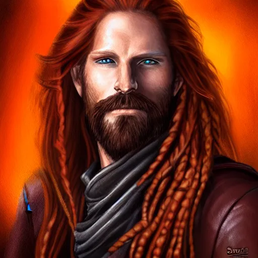 Prompt: portrait of a rugged!!!! male captain with long red hair!!!!!!, upper body, flowing hair, ethereal, handsome, smirk, leather coat, pirate!!!!!!!, ocean, D&D, fantasy, simple clothing!!!!, elegant, highly detailed, digital painting, cinematic lighting, stunning lighting, sensual, deviantart, artstation, concept art, sharp focus, illustration, art by Artgerm and Greg Rutkowski and Alphonse Mucha