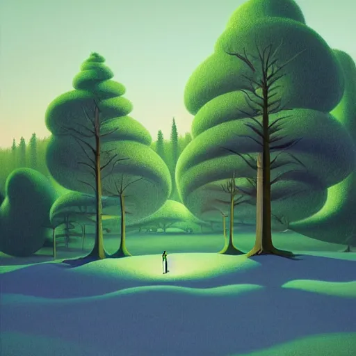 Image similar to pop - surrealist painting of an infinity machine, octane render, unreal engine, trees and pines everywhere, very nice pastel colors, lights and shadows, glowing hot sun, very coherent, houdini algorithmic generative art, painted by edward hopper, wayne barlowe, painted by james gilleard, airbrush, art by jamesjean