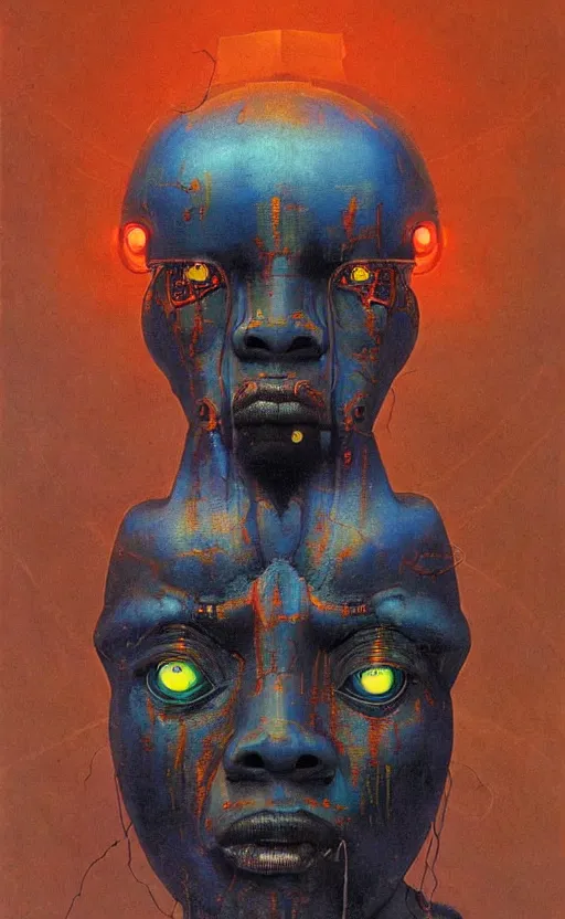 Prompt: portrait of mecha african tribal chief, symmetrical, dramatic lighting, colourful, glowing eyes, art by zdzislaw beksinski,