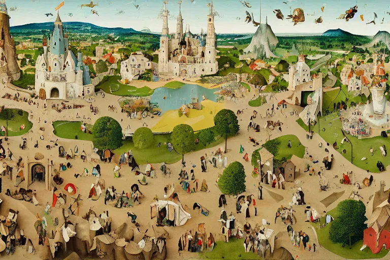 Prompt: an elaborate and dense low angle painting of a peaceful neighborhood, detailed, made of alcohol ink on parchment and penned illustrations, by wes anderson and hieronymus bosch and geoff darrow