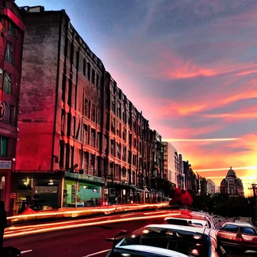 Image similar to <photograph accurate=true quality=very-high>looking out the window at a busy city street</photograph><augment>red sky</augment>