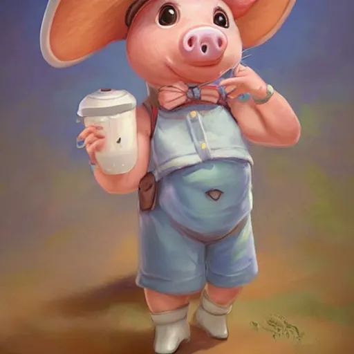 Image similar to cute little anthropomorphic funny female pig wearing shorts, a sunhat, boots and a pale blue shirt!! tiny!! fully clothed!!! small, short, cute and adorable, character art portrait, matte fantasy painting, deviantart artstation, by jason felix by steve argyle by tyler jacobson by peter mohrbacher, cinema