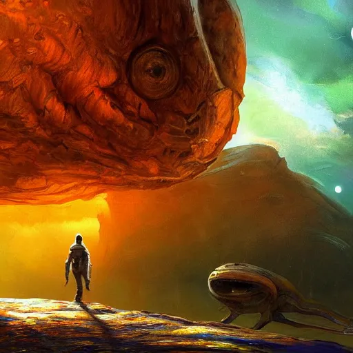 Image similar to an adventurer on an alien planet, artstation hall of fame gallery, editors choice, # 1 digital painting of all time, most beautiful image ever created, emotionally evocative, greatest art ever made, lifetime achievement magnum opus masterpiece, the most amazing breathtaking image with the deepest message ever painted, a thing of beauty beyond imagination or words