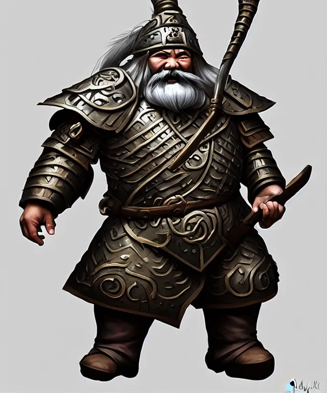 Prompt: 3D stylised render from zbrush of old mongolian dwarven general portrait, armored, full body, dynamic pose, long hair, moustache, goatee, fantasy, simplified, exaggerated, highly detailed, digital painting, artstation, concept art, smooth, sharp focus, illustration, art by artgerm and greg rutkowski and alphonse mucha, in style of wold of warcraft