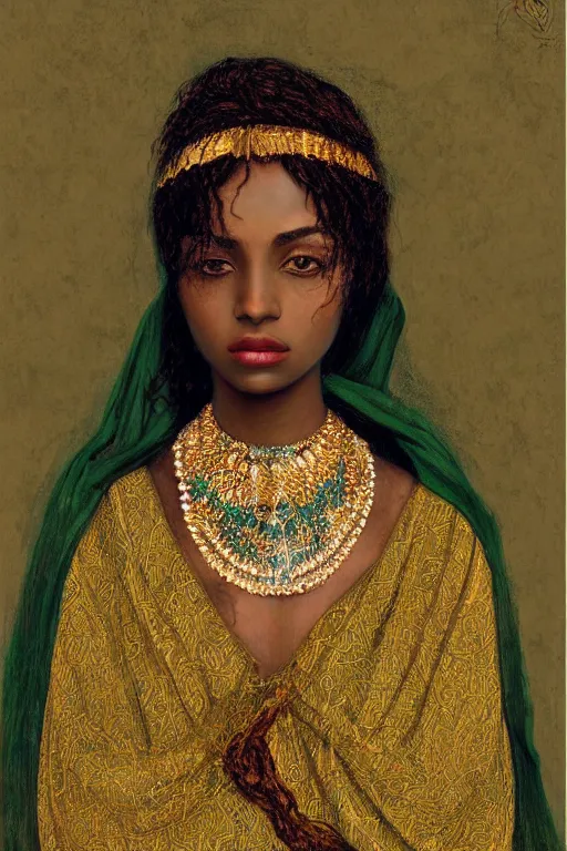 Prompt: Portrait of a Arabic African female, sad green eyes, beautiful skin, elegant, jewellery, digital painting, Pre-Raphaelites, highly detailed, concept art, smooth, sharp focus, gold and indigo, illustration, art by Klimt .