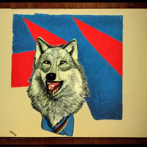 Image similar to portrait of retarded wolf, squint eyes, rabies, propaganda style, vivid colors, detailed