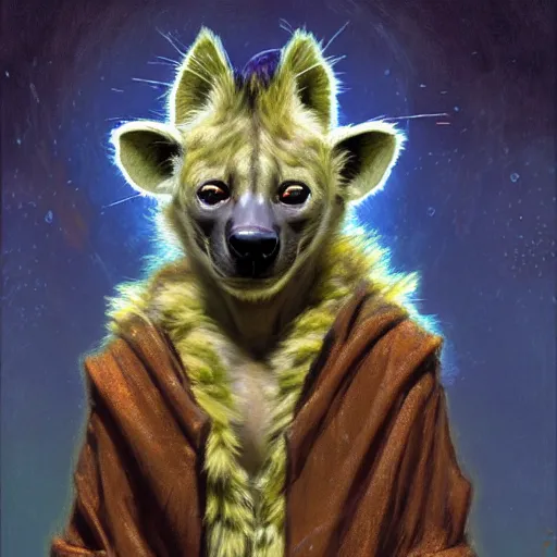 Image similar to a female hyena hyenawoman canine in magic robes at night in a dark forest. zootopia fursona furaffinity furry art detailed face painting by gaston bussiere craig mullins jc leyendecker gustav klimt artgerm greg rutkowski furry