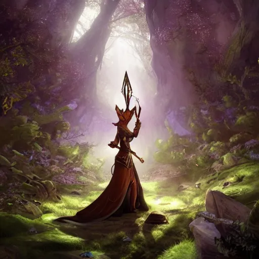 Image similar to Fearie Fox Anthropomorphized, playing Harp in magical forest, magic the gathering artwork, D&D, fantasy, cinematic lighting, centered, symmetrical, highly detailed, digital painting, artstation, concept art, smooth, sharp focus, illustration, volumetric lighting, epic Composition, 8k, art by Akihiko Yoshida and Greg Rutkowski and Craig Mullins, heroic pose, oil painting, cgsociety