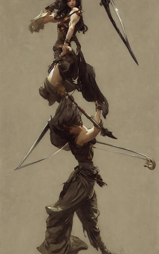 Image similar to modern elegant female ninja, with large sword, feminine, powerful, beautiful, upper body, muscular arms and abdominals, wide leg hakama trousers, highly detailed, by gaston bussiere, mucha, gerome, craig mullins, greg rutkowski, john singer sargent