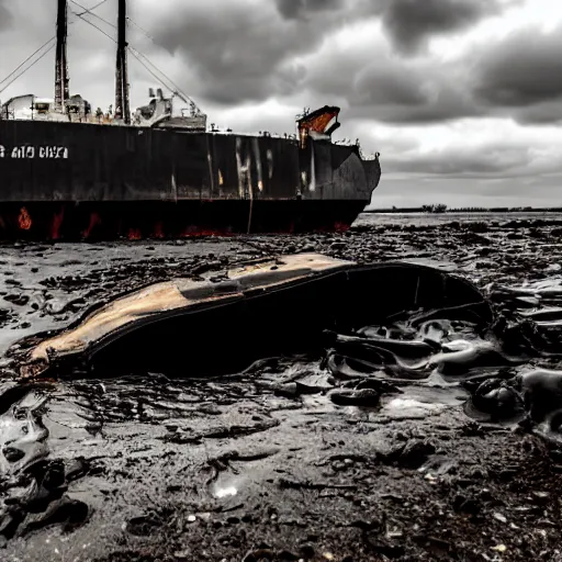 Image similar to crashed cargo ship leaking mysterious black gooey liquid, mysterious black slime, black gooey liquid leaking out of crashed cargo ship, apocalyptic, ruined, container ship, crashed, 8 5 mm f / 1. 4