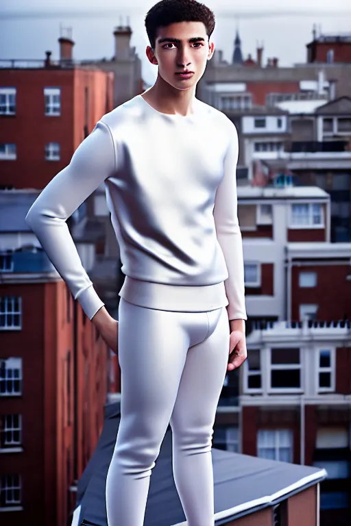 Image similar to un ultra high definition studio quality photographic art portrait of a young man standing on the rooftop of a british apartment building wearing soft padded silver pearlescent clothing. three point light. extremely detailed. golden ratio, ray tracing, volumetric light, shallow depth of field. set dressed.