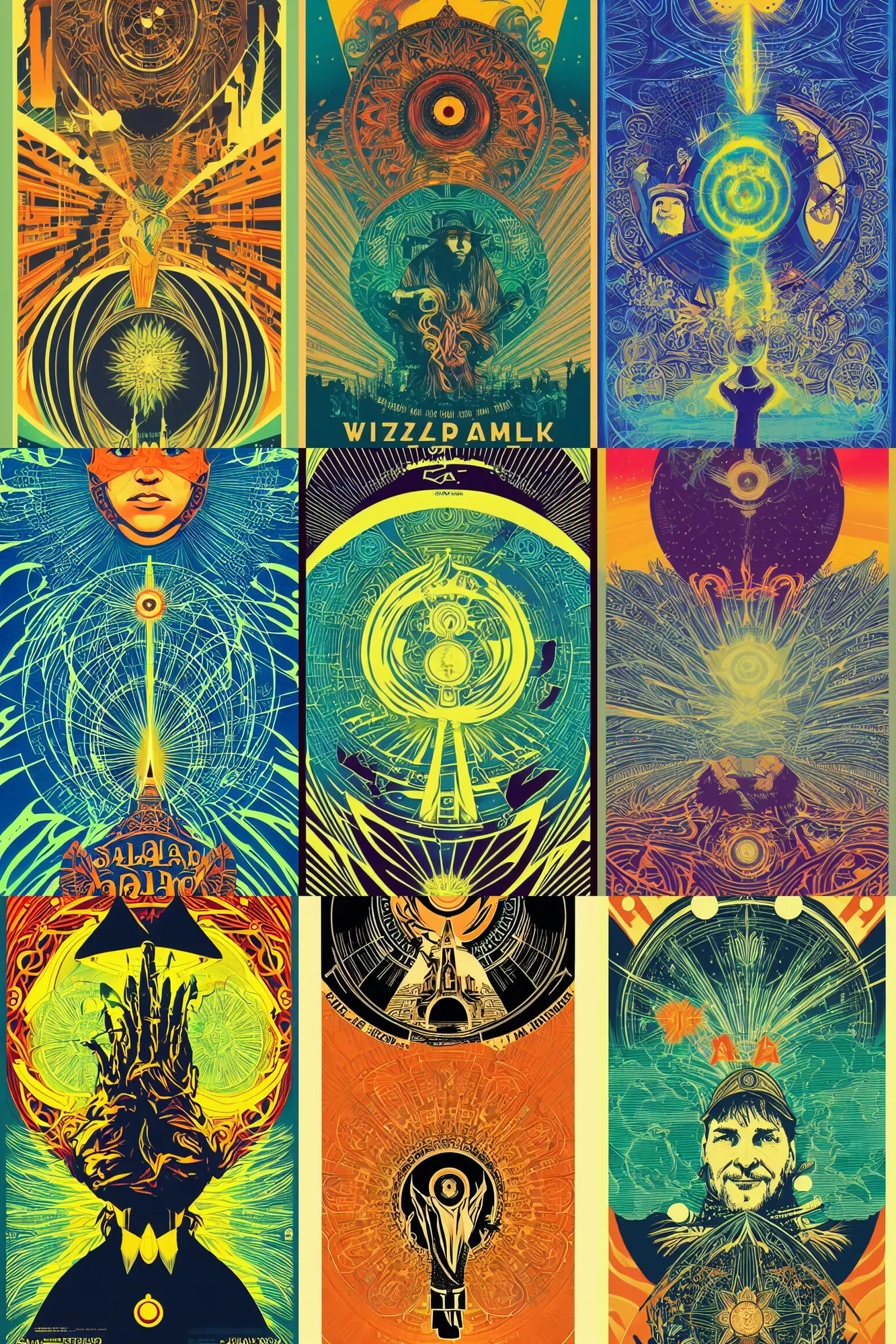 Prompt: wizard of solarpunk movie poster, animation film, by saul bass joshua middleton shepard fairey