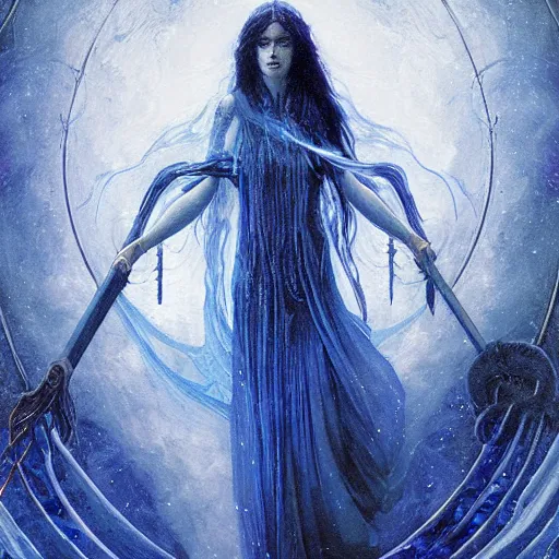 Image similar to a ghastly banshee holding a sword made of blue fire in one hand and a crystal chime in the other floating in the air in the middle of a swirling blizzard, digital painting by greg rutkowski and carlos schwabe