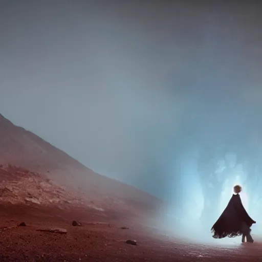 Image similar to The full body shot of beautiful pale woman with many flowers and full-face black mask with glowing halo, a thick black smoke in rocky desert landscape, blue background, falling star on the background, burning earth by Christopher Doyle, Gaspar Noe, Tarkovsky, Alejandro Jodorowsky, anamorphic lens, cinematic composition, award winning photo, 8k