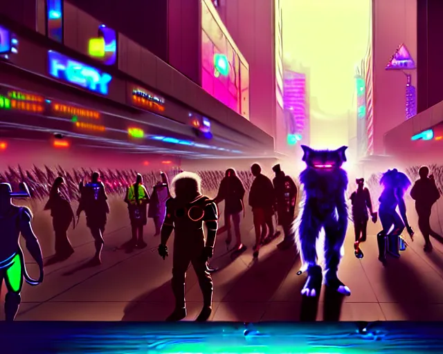 Image similar to high - resolution photograph from a cyberpunk era furry fandom convention ( midwest furfest 2 0 4 7 ), taking place after the genetic revolution and quantum singularity. photorealistic.