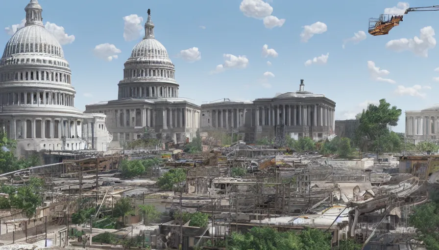 Image similar to washingon dc's capitol under reconstruction, scaffolding, people working on it, sunny day, debris, vegetation, hyperdetailed, artstation, cgsociety, 8 k