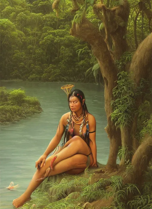 Image similar to a realistic painting of an indigenous female shaman relaxing near a river in the amazon jungle, gazing at the water, highly detailed, art by christophe vacher