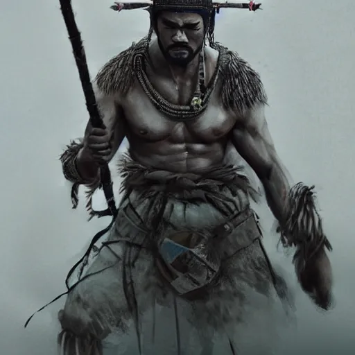 Prompt: half - body, tribal headwear, muscled man, takeshi kaneshiro as a brave tribal warrior, detailed, concept art by artem priakhin - h 1 0 2 4