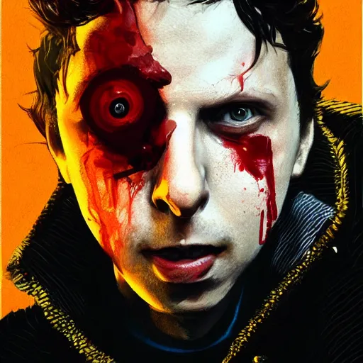 Prompt: portrait of Michael Cera with an angry expression, blood covering his face, wearing a leather jacket, dramatic lighting, illustration by Greg rutkowski, yoji shinkawa, 4k, digital art, concept art, trending on artstation