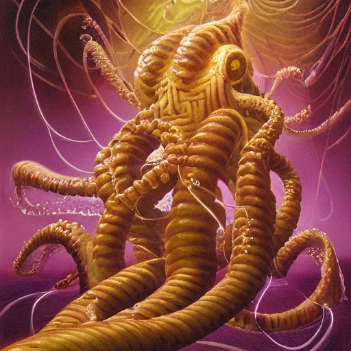 Prompt: Sporulating Morel Crystals Eldritch Mycelium Tentacle Monster by Jim Burns