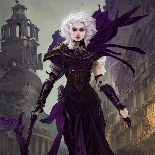 Image similar to portrait evilly white hair knights of Zodiac girl, metalic deep purple and black reflected armor, in ruined Agora of Athens night, ssci-fi and fantasy, intricate and very very beautiful and elegant, highly detailed, digital painting, artstation, concept art, smooth and sharp focus, illustration, art by tian zi and WLOP and alphonse mucha