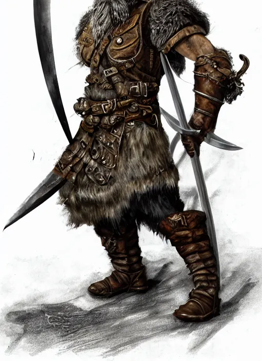 Image similar to strong young man, photorealistic bugbear ranger holding aflaming sword, black beard, dungeons and dragons, pathfinder, roleplaying game art, hunters gear, jeweled ornate leather and steel armour, concept art, character design on white background, by alan lee, norman rockwell, makoto shinkai, kim jung giu, poster art, game art