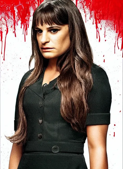 Image similar to glee sequel poster where rachel berry is the villain, evil bloody serial killer lea michele in rags with knife cackling maniacally, with text, dark disturbing version of glee, airing in 2 0 2 3, high quality detail, close - up of rachel's face