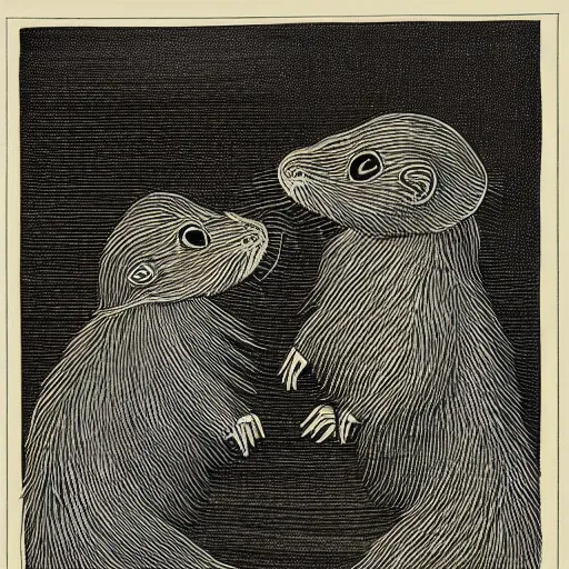 Prompt: 1800s field-journal style line art of two muskrats slow-dancing, very detailed