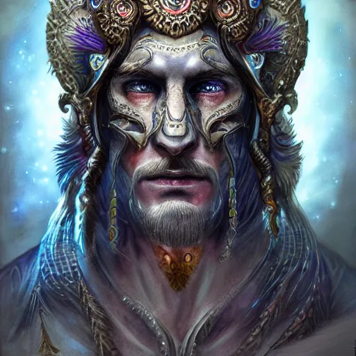 Image similar to an Artstation 3d render of Very very very very highly detailed beautiful mystic head of a phantom warrior with galaxy, tattoos by Anton Pieck, intricate, extremely detailed, digital painting, artstation, concept art, smooth, sharp focus, illustration, intimidating lighting, incredible art,