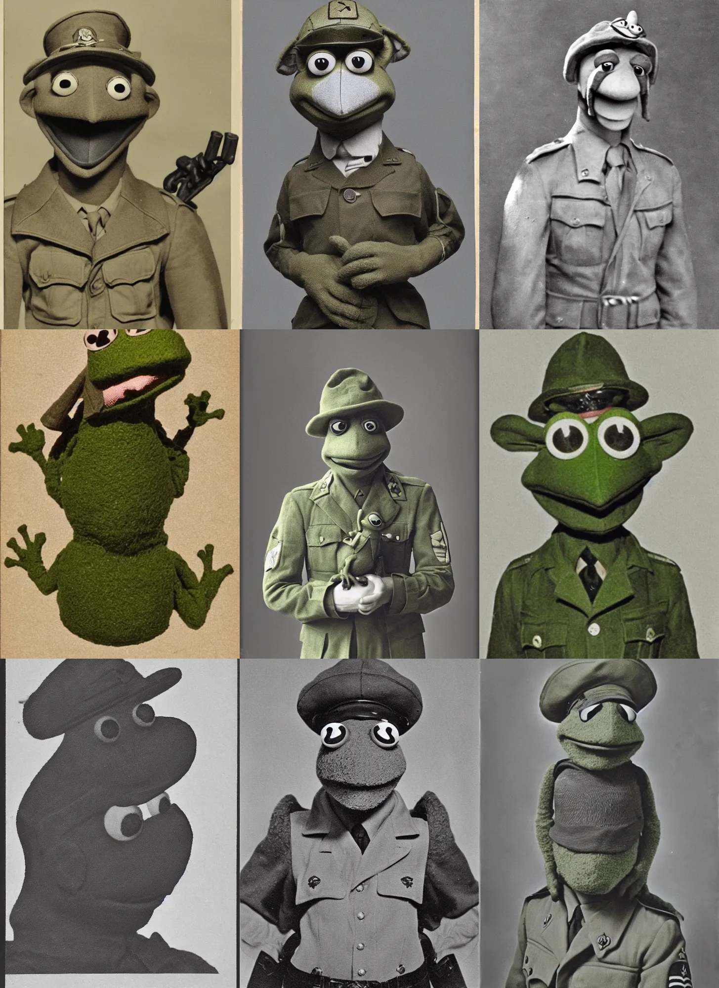 Prompt: grainy 1940’s WWII military portrait of an anthropomorphic frog muppet dressed like a soldier, professional portrait HD, frog, frog head, authentic, Kermit, muppet