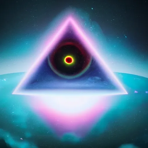 Image similar to all seeing eye floating in the clouds, illuminati, chroma coloring, cosmic, space clouds, implosion, render, concept art, 8k