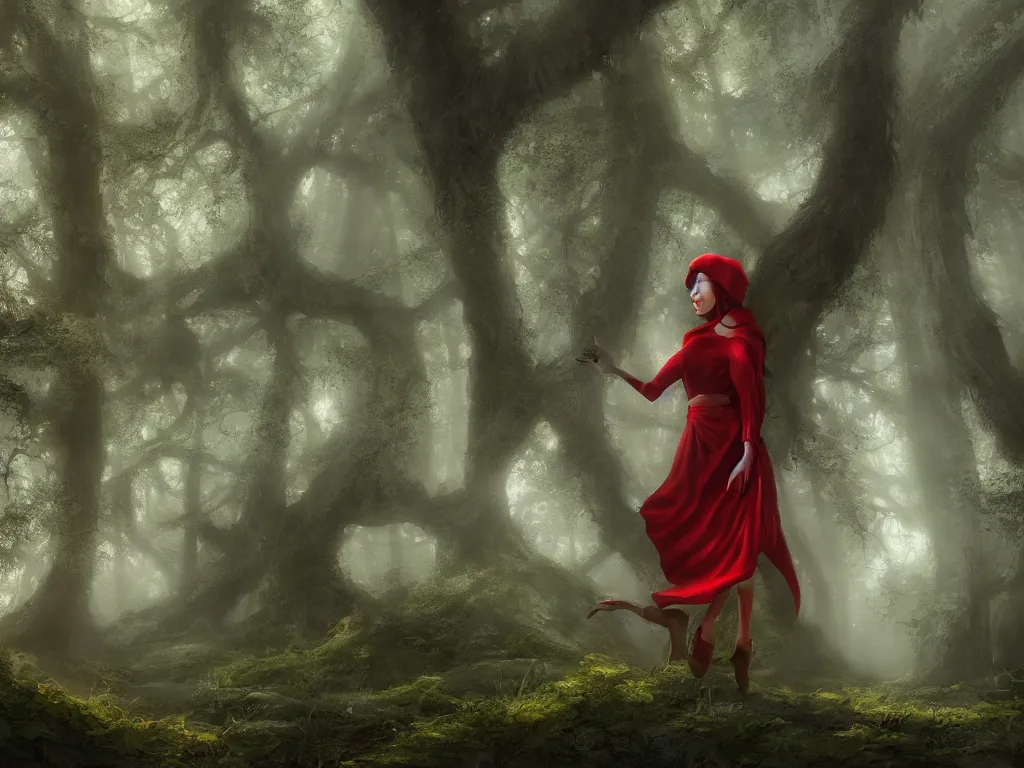 Prompt: a female beauty with red cap rides slowly through a dense misty green oak and beech forrest, rays of life, cinematic, fantasy art, moody morning light, cryengine, trending on artstation, by cynthia sheppard, by naoto hatori, by tyler jacobson, by john howe, by ridley scott, by peter jackson, by chris rahn