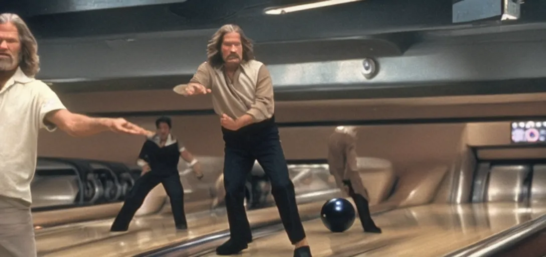 Image similar to Jeff Bridges The Dude throwing bowling balls down a bowling lane in Star Wars