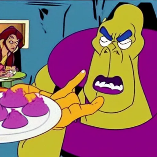 Prompt: film still of thanos eating in scooby - doo ( 1 9 6 9 )