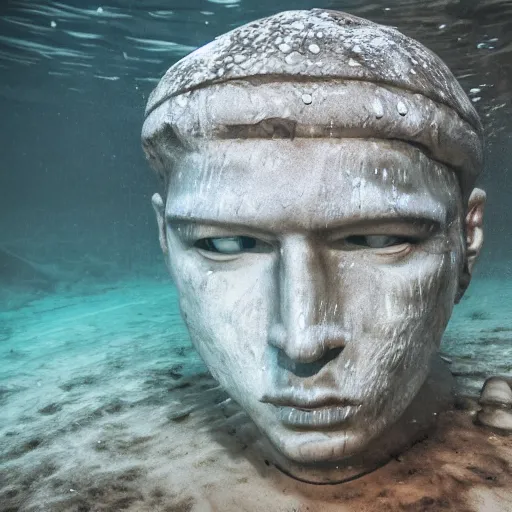 Prompt: giant head underwater