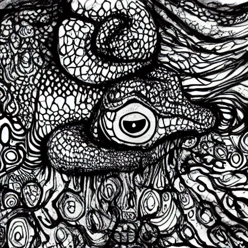 Prompt: deep camouflage angry toad evil eyes poking out eyes from under the water ultra sharp blur background simple background deep brown psychedelic contour ink drawing